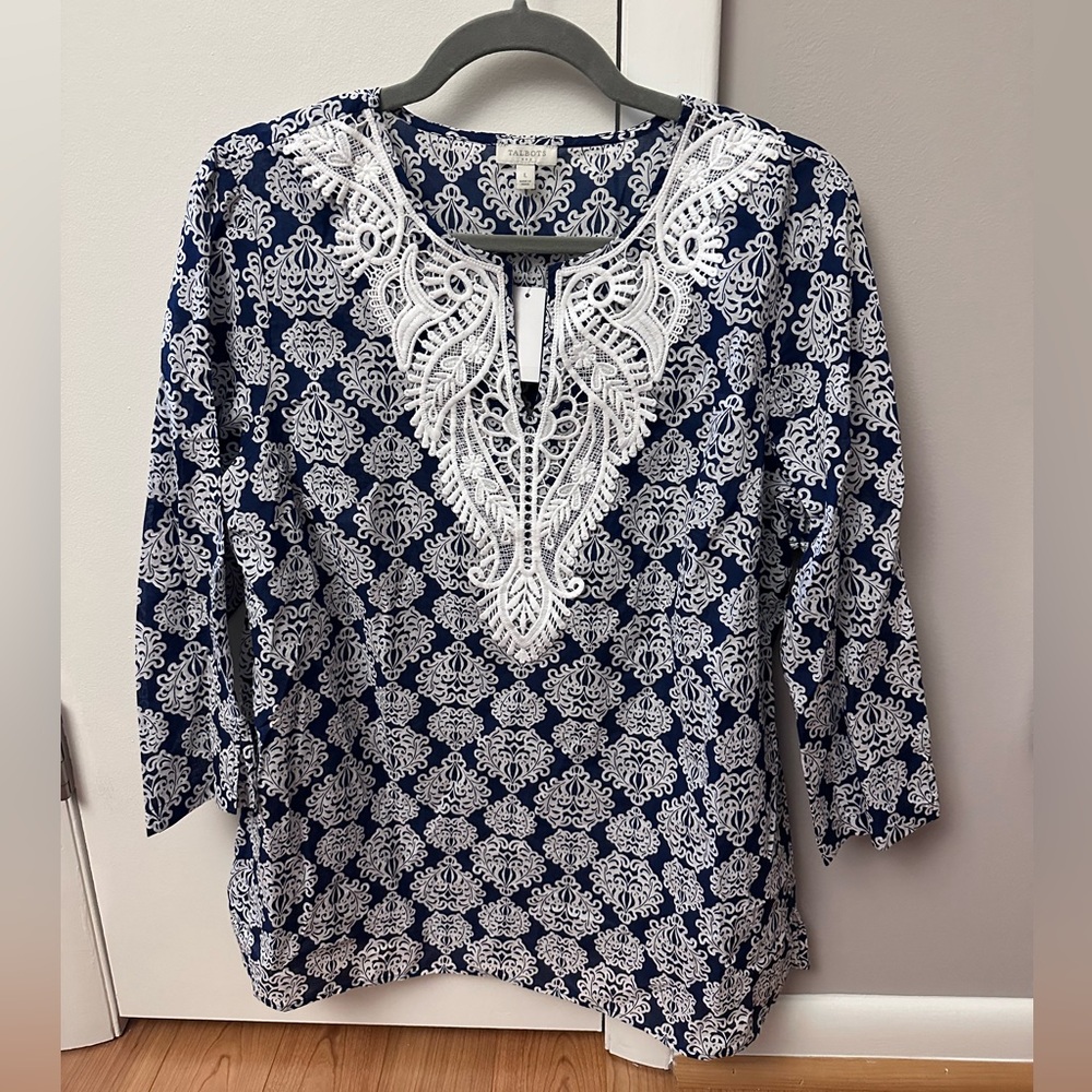 Talbots Navy and White Patterned Blouse